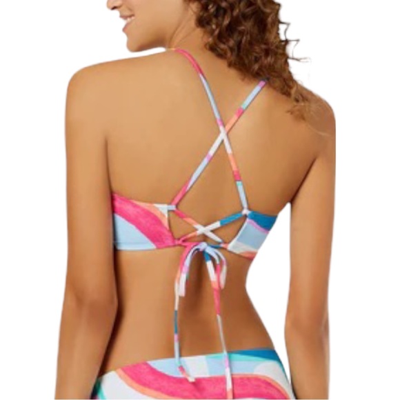 Hula Honey Flying Colors Printed Flounce Cross-back Bralette Bikini Top - Picture 4 of 7